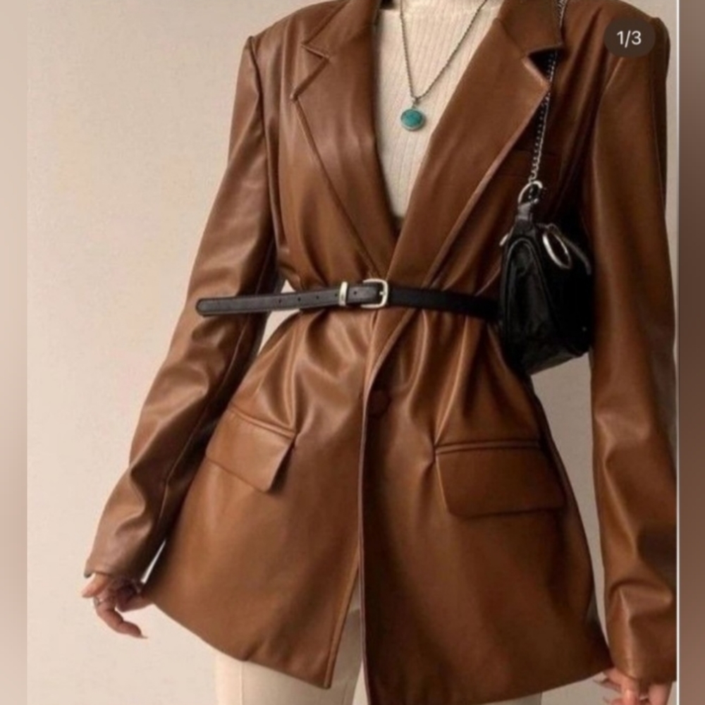 NWT Zara Balmain Style Oversized Leather Brown Camel Blazer Jacket